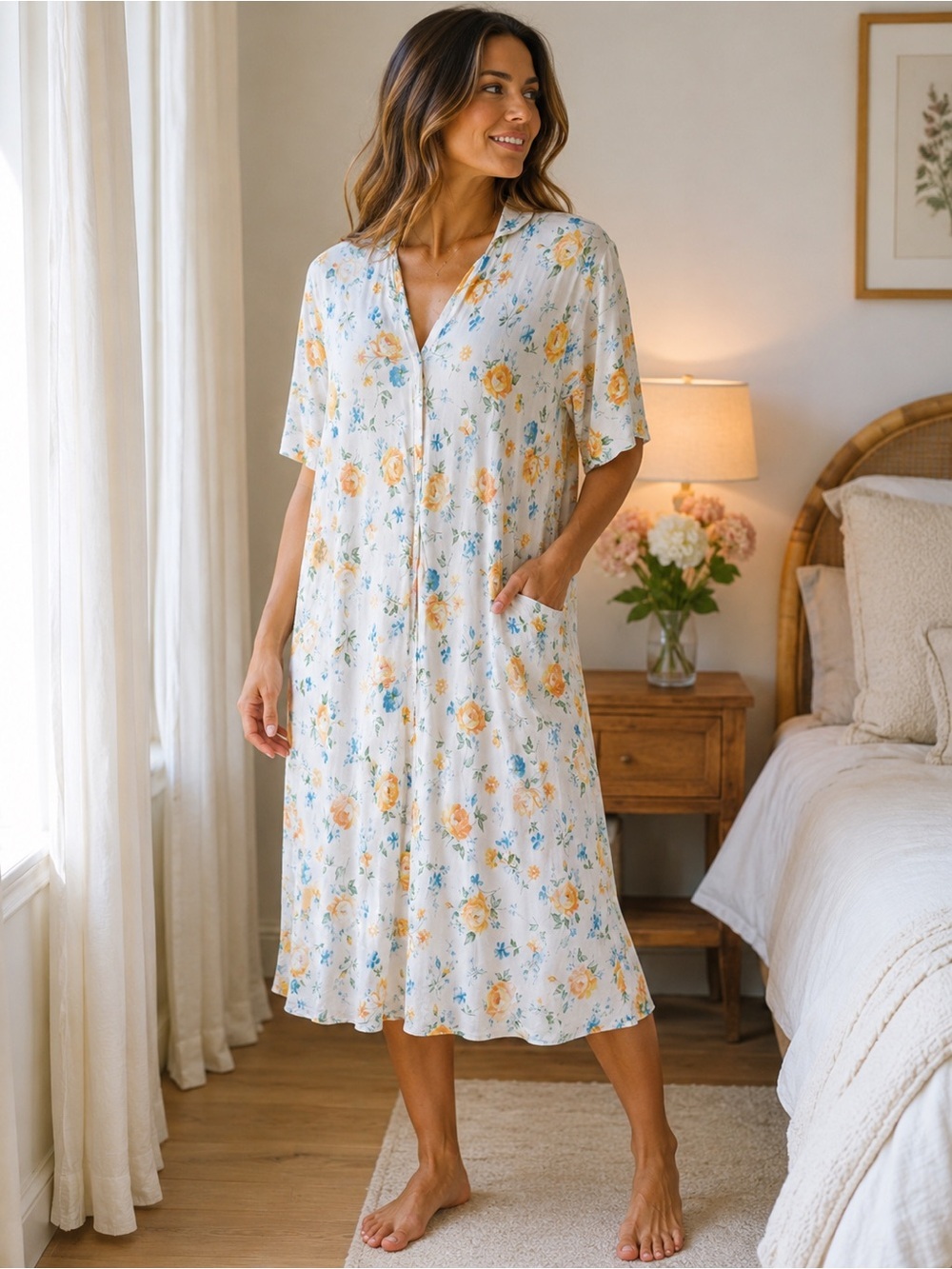 VINTAGE Floral Button-Front Housecoat Robe - Yellow Blue Roses Duster